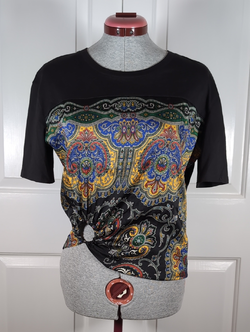 Sandro Rayi Scarf Print T-Shirt Black Cotton Boho Ring Detail Top Parisian Chic
